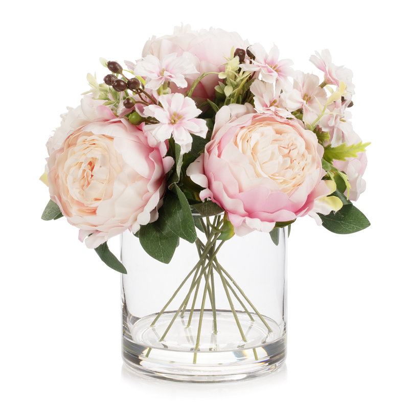 Arrangement de fleurs de pivoines artificielles mélangées dans un vase en verre avec de l'eau artificielle (rose), Rose