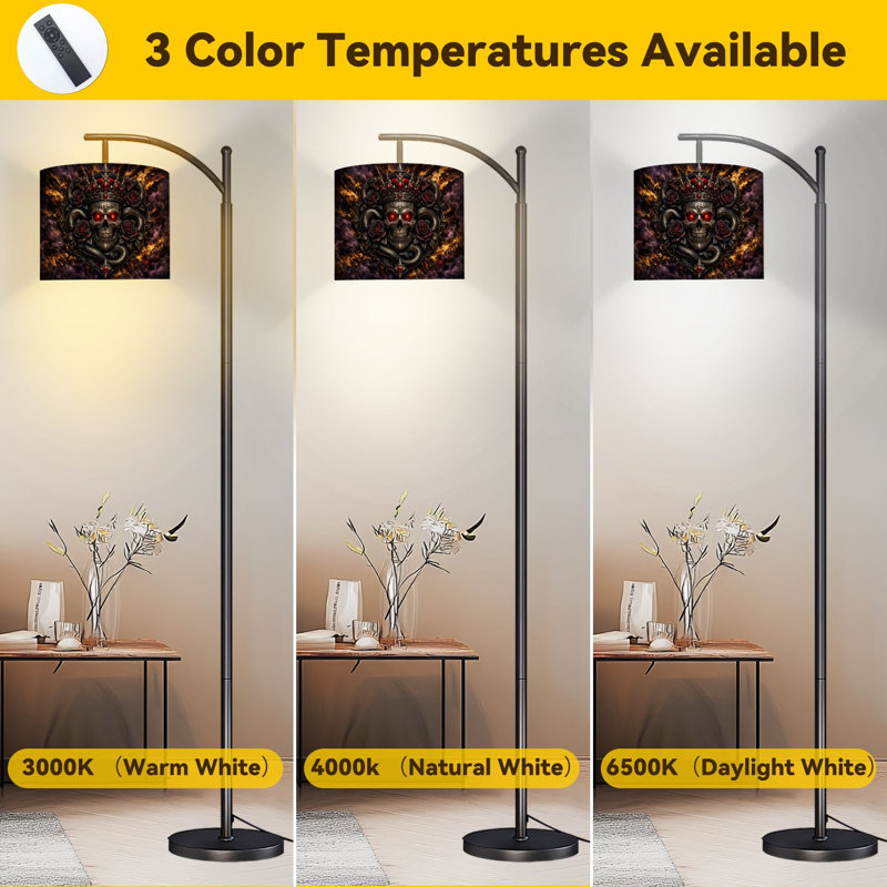 Lampe sur pied à arc en forme de tête de mort gothique avec des serpents et des lampes sur pied en or mauve foncé avec télécommande et abat-jour à DEL
