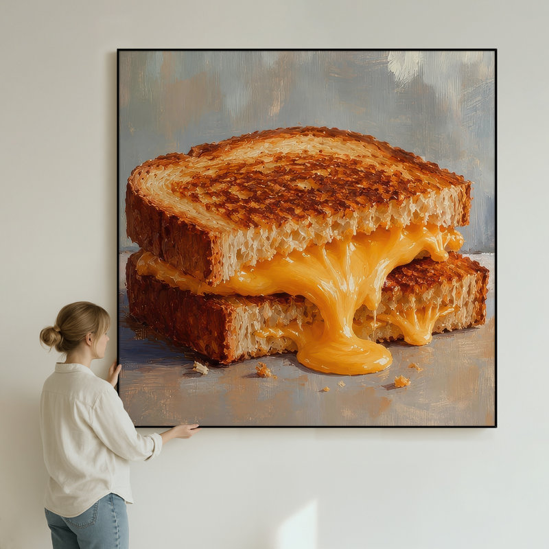 Très grand art mural imprimé sur tissu - Gros plan de sandwich au fromage grillé Melty pour le salon ou la chambre à coucher - «Assemblage requis du cadre (cadre non fini)»