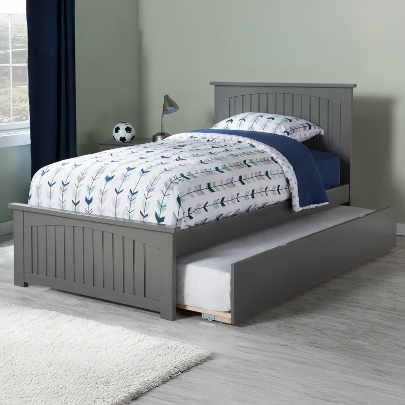 Lit plateforme en bois massif Aphsana avec pied de lit, gigogne et chargeur USB assortis