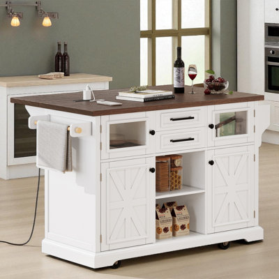 Kitchen Island With Drop Leaf, Power Outlet, 4 Door Shelves, Cross Barn Doors & Visual Glass Door, 2 Drawers, Towel Rack, Spice Rack And Adjustable Sh by Gracie Oaks