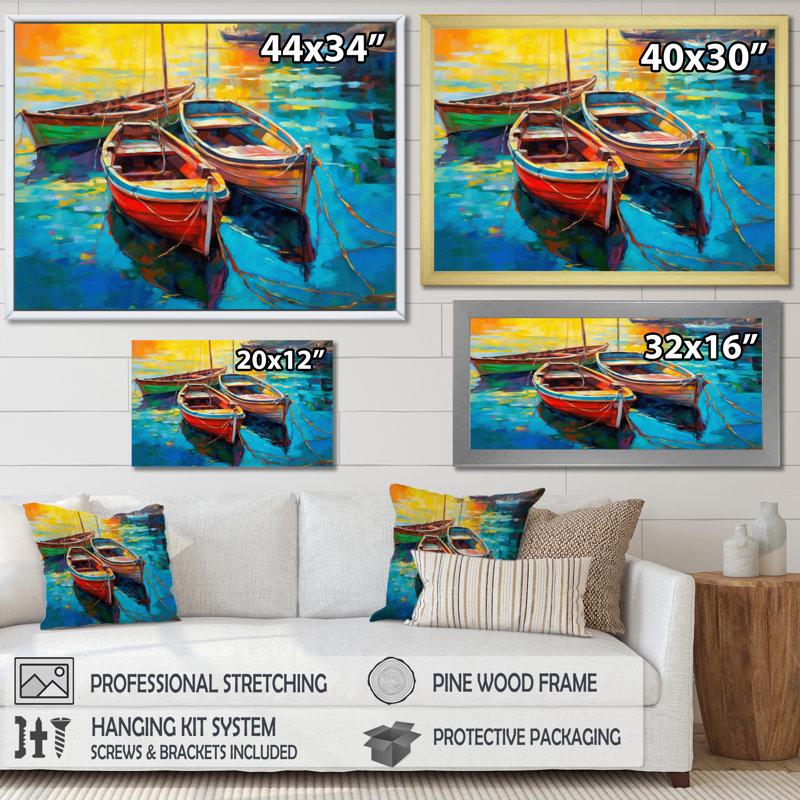 Trois bateaux dans le port I - impression sur toile Coastal Port, H 30 po x l 40 po x P 1,5 po, Cadre flottant blanc