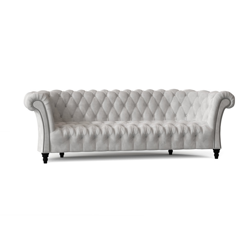 Canapé Chesterfield à accoudoirs roulés, Bella en velours performance blanc, Naturel, Standard