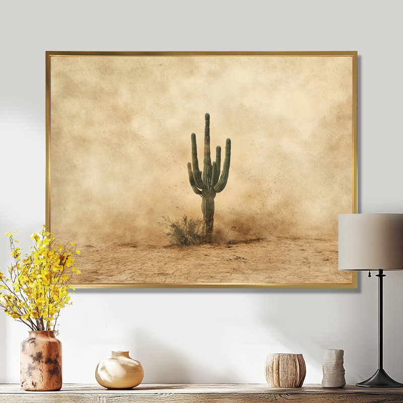 Cactus tempête de sable III - cactus, décoration murale, H 24 po x l 32 po, Cadre flottant, Doré