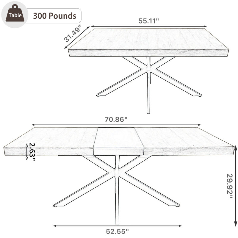 Table de salle à manger extensible pour 4 6 8, 55,11 po à 70,86 po Table de salle à manger extensible rectangulaire, Gris