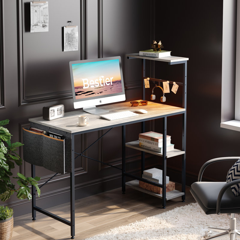 Monike 44'' W Computer Desk With Led Lights & Reversible Storage Shelves,Home Office Desk With Hooks, CPU Stand,Cup Holder and Cloud Magnets.