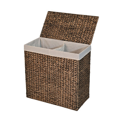 Sawyer 24" Classic Farmhouse Handwoven Hyacinth 2-Section Collapsible Laundry Hamper with Washable Liner, Handles, and Lid