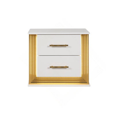 Table de chevet à 2 tiroirs de style contemporain en bois et finition dorée
