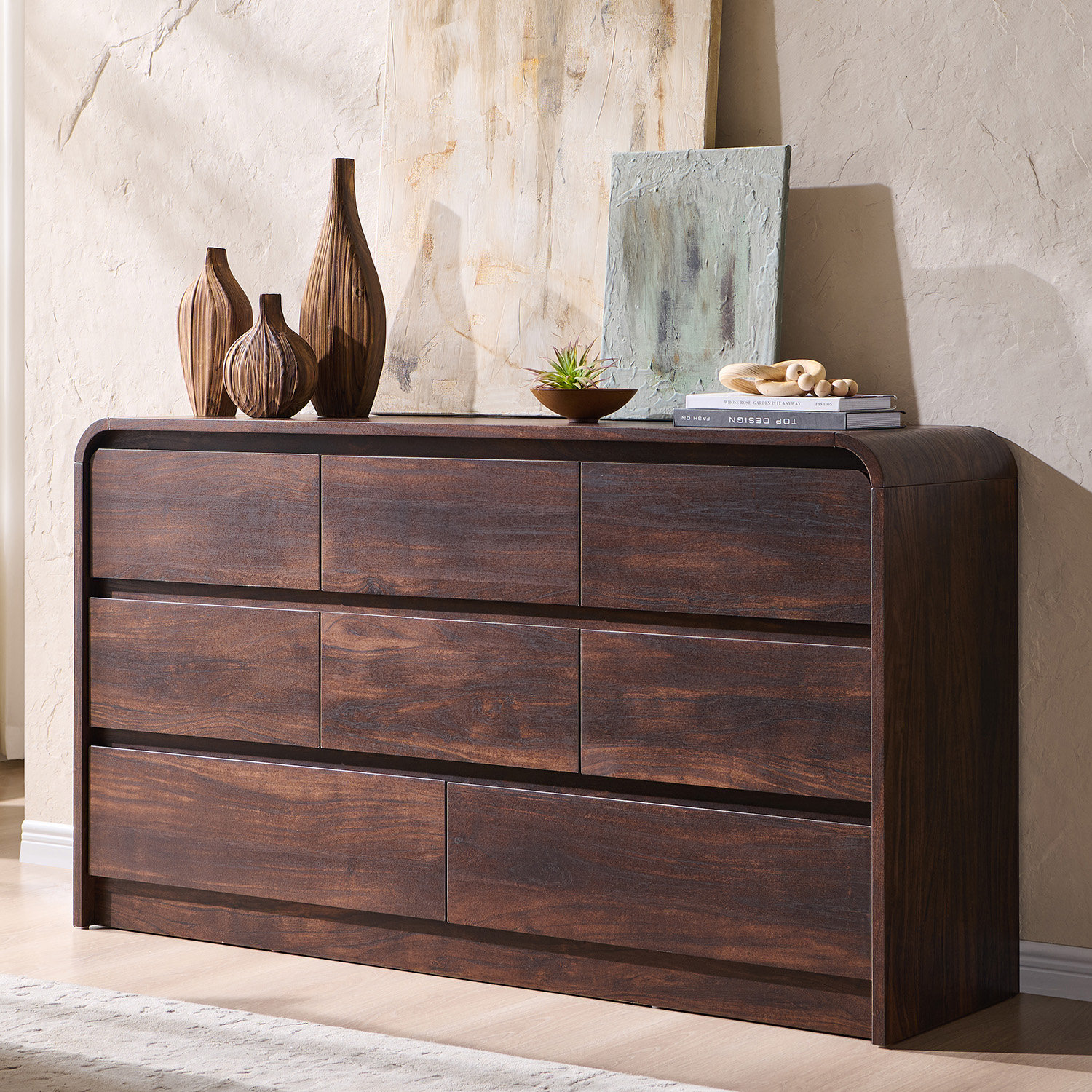 Ebern Designs Modern 8 Drawers Dresser for Bedroom, 55" Wide Dressers & Chest of Drawers w/Curved Profile Design & Reviews | Wayfair