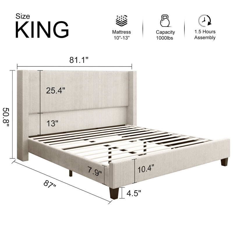Wauseon Corduroy Upholstered Bed, King, Cream