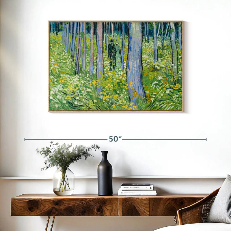 Sous-bois avec deux personnages, Cadre flottant en bois naturel, 37 po x 25 po