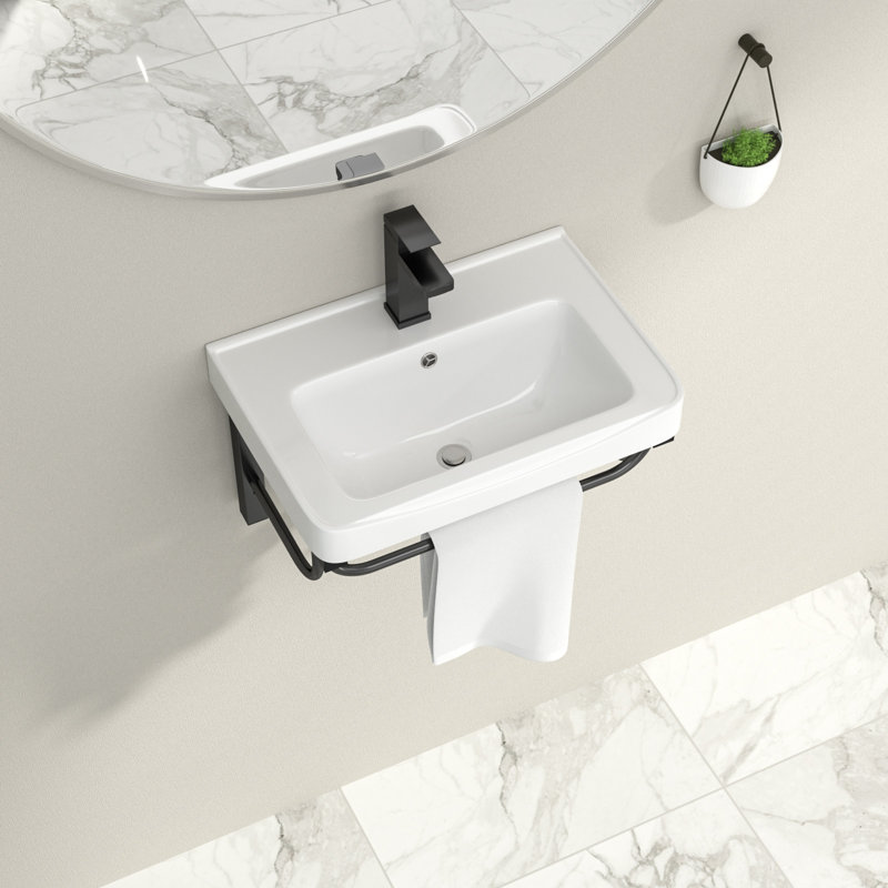 Lavabo de salle de bain mural 20 po x 14 po avec support noir et porte-serviettes, modÃ¨le rectangulaire suspendu blanc