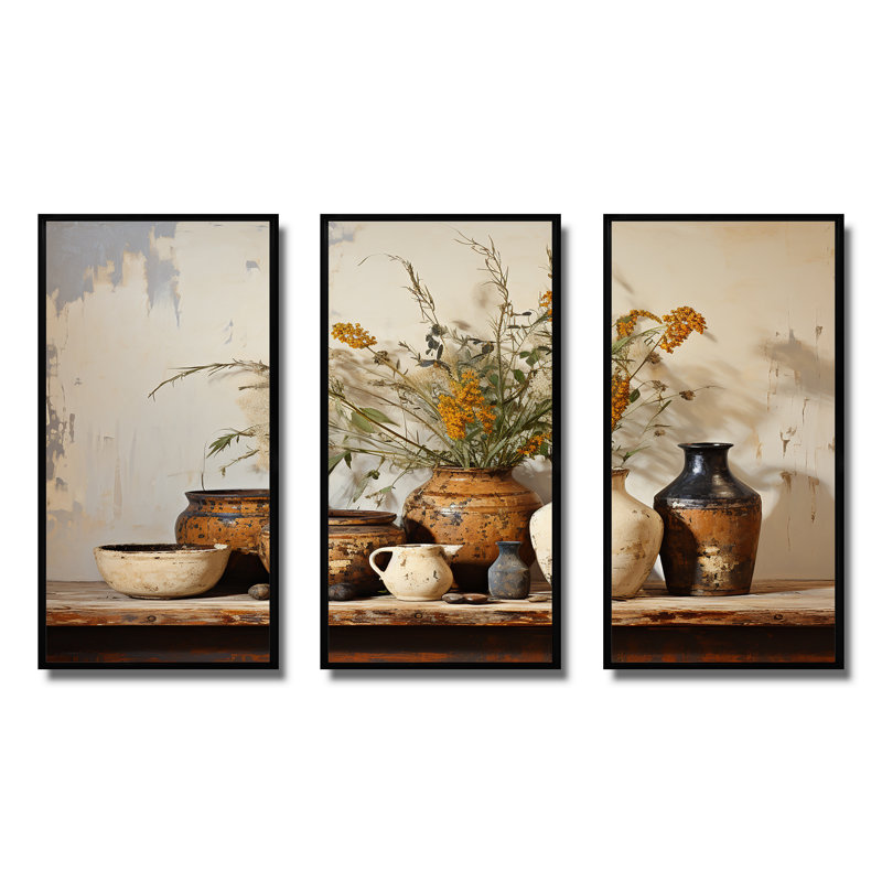 Art floral brun, poterie rétro, art mural Boho, H 28 po x l 36 po x P 1 po, Cadre flottant noir