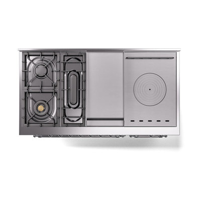 Cuisinière à double combustible de 48 po avec 5 brûleurs scellés, plaque chauffante et porte française (porte en verre) ILVE Nostalgie II Series Noblesse