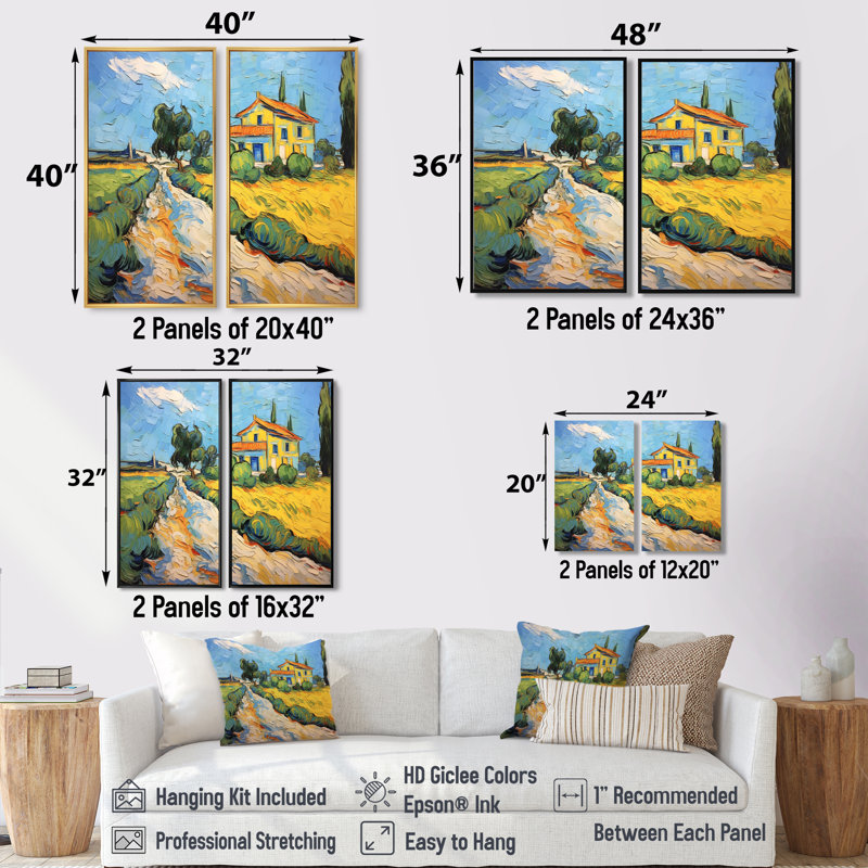 Vangogh la maison jaune à Arles III - art mural sur toile jaune 2 panneaux, 36" H x 48" W, Floater Framed Print, Black