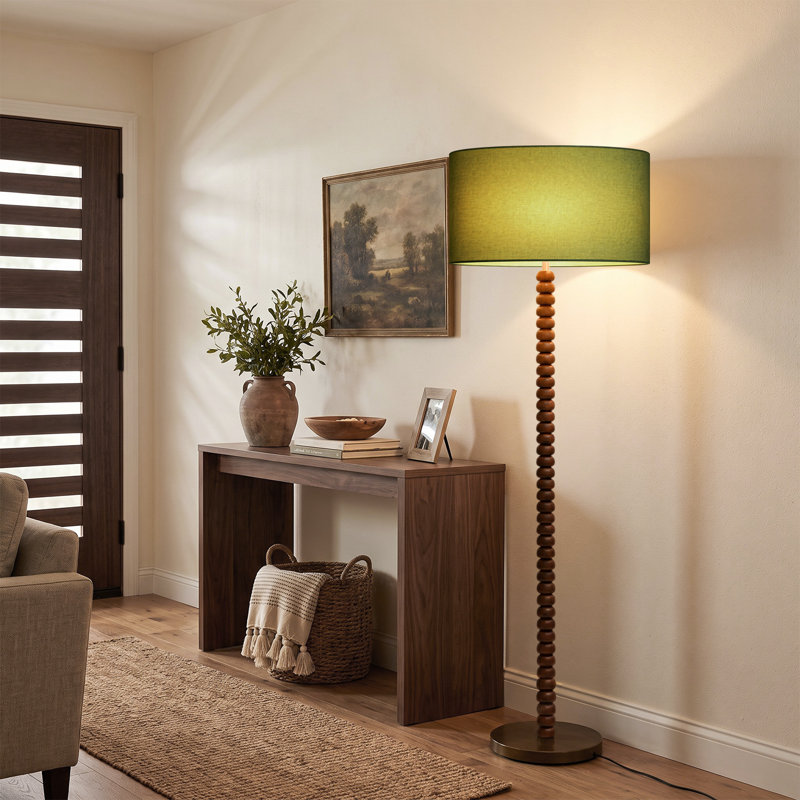 Lampe sur pied sculpturale de 157 cm en bois massif avec tige en perles de bois empilées, abat-jour tambour en lin de 46 cm, finition noyer et interrupteur au pied