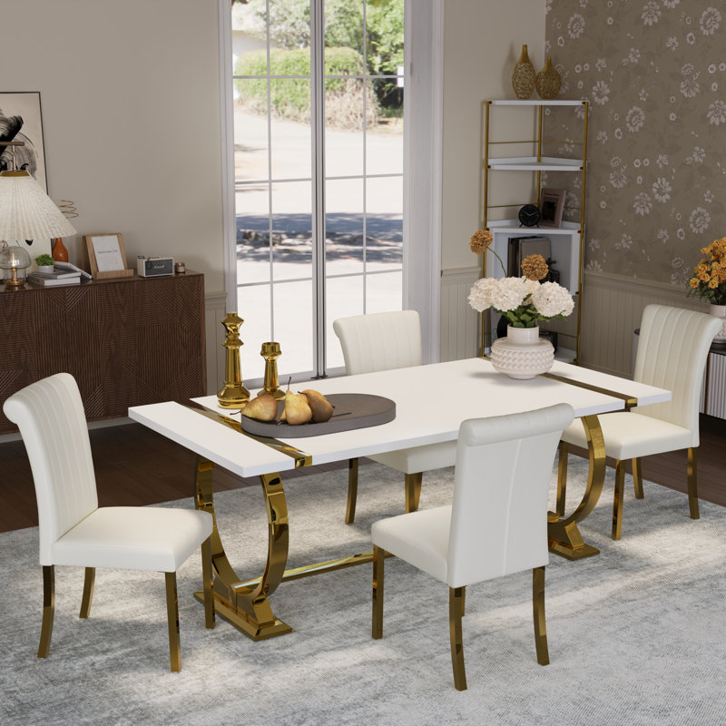 Ensemble de table de salle à manger 5 pièces de luxe blanc et doré avec 4 chaises en cuir blanches, Blanc, Doré