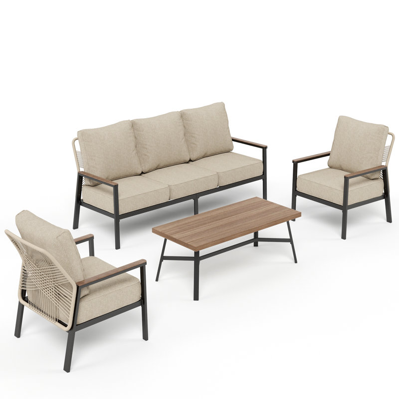Ensemble de canapé d'extérieur en rotin PE tissé à la main toutes saisons avec coussins et table en métal grain de bois