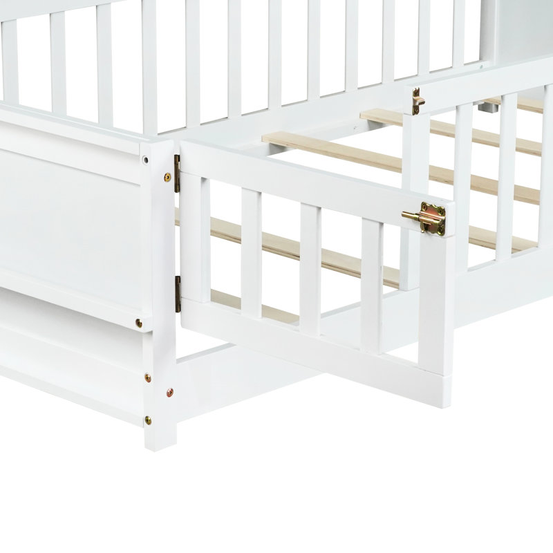 Lit simple au sol en blanc, avec bibliothèque intégrée, porte tournante, clôture complète, assemblage rapide blanc avec support et bois, 7 supports de conception