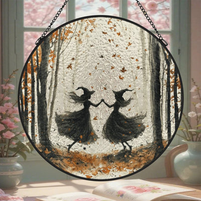 Panneau de vitrail Witches Dancing Autumn Woods