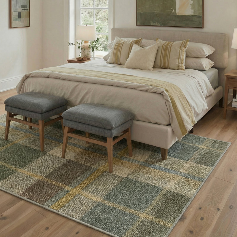 Novus Plaid Modern Machine Washable Beige / Green Indoor Area Rug With Non-Slip Backing, Rectangle 8' x 10'