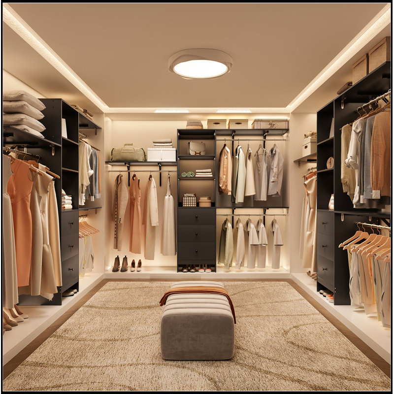 Organisateur de garde-robe haute capacité avec 3 tiroirs, tablettes et tiges de suspension extensibles pour espaces de 6 à 9 pi