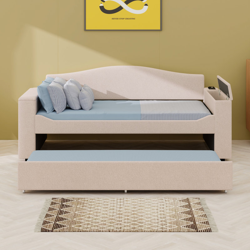 Upholstered Daybed With Storage Armrests, Trundle Bed And Latest Integrated Bluetooth Audio System, Beige, Twin