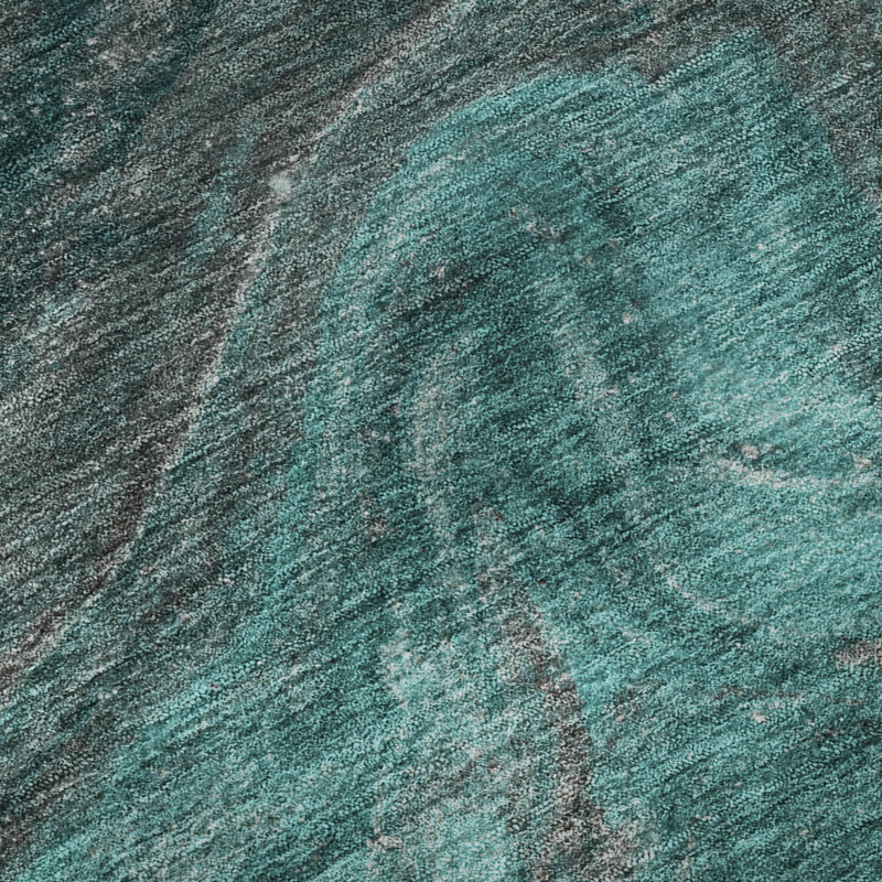 Teal Abstract Washable Round Microfiber Rug, 8' x 8'
