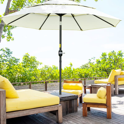 Beige 9Ft 3 Outdoor Umbrella. Crank Controlled With Push Button Tilt For Enhanced Shading. Ideal Deck, Backyard, Lawn. Cover, Ventilated Durability Patio Umbrella, - Umbrella And Patio, Lawn
