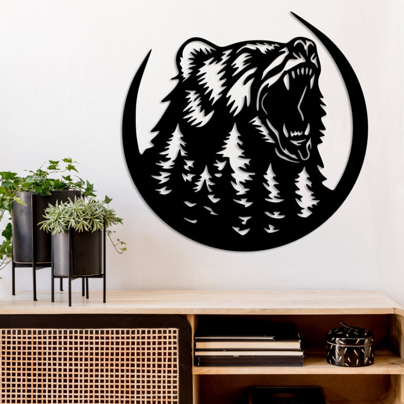 «Growling Bear», art mural en métal, décor animalier, silhouette de forêt, conception de chalet rustique, sculpture en métal industrielle moderne, décoration intérieure aventure en plein air, pièce d'art audacieuse