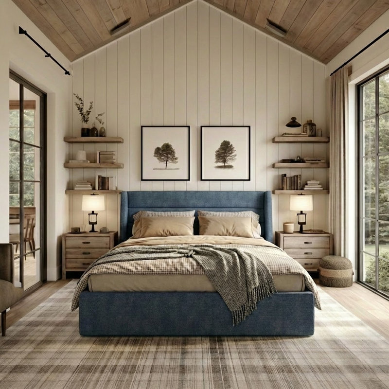 Lit plateforme tapissier avec rangement Gaillarde, Bleu brume grisâtre, Grand
