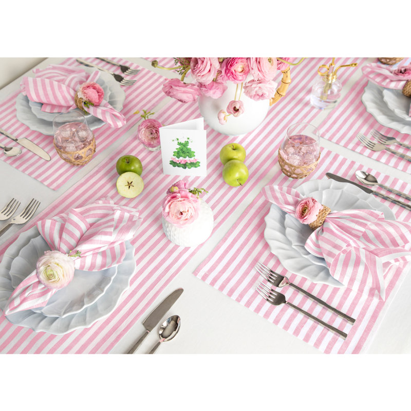 Amalfi Stripe - 100% Pure Linen Table Runner, Cherry Blossom/White, 120" x 18"