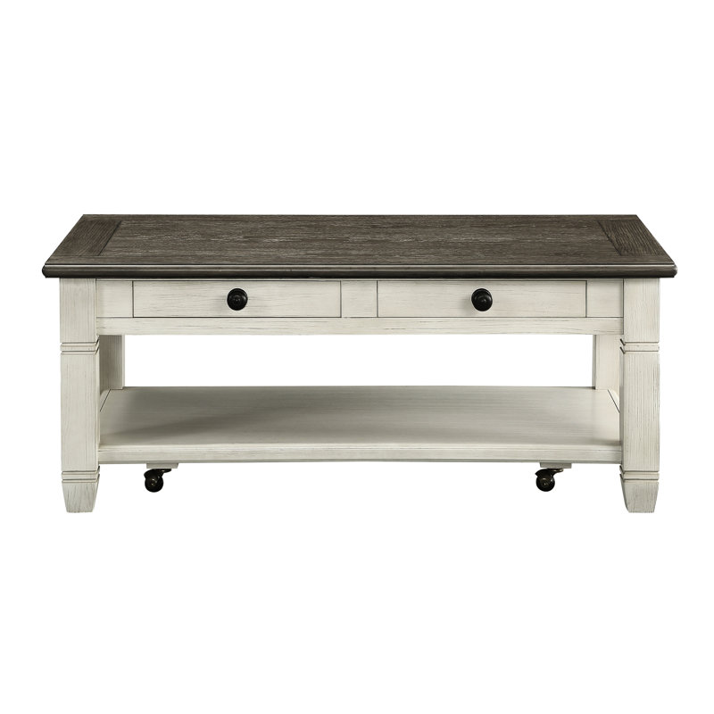 Table basse contemporaine contemporaine brun et blanc antique avec tablette de rangement à 2 tiroirs