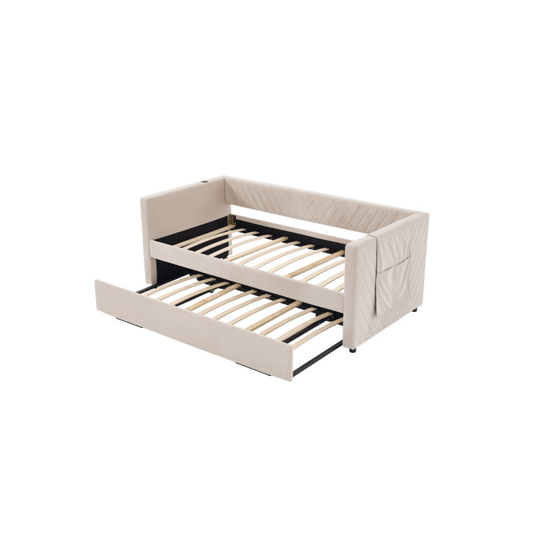 Twin Size Upholstered Daybed With Trundle,USB Port ,Side Pockets, Modern V-Grained Backrest Design,No Box Spring Needed, For Bedroom, Guest Room ( Beige)