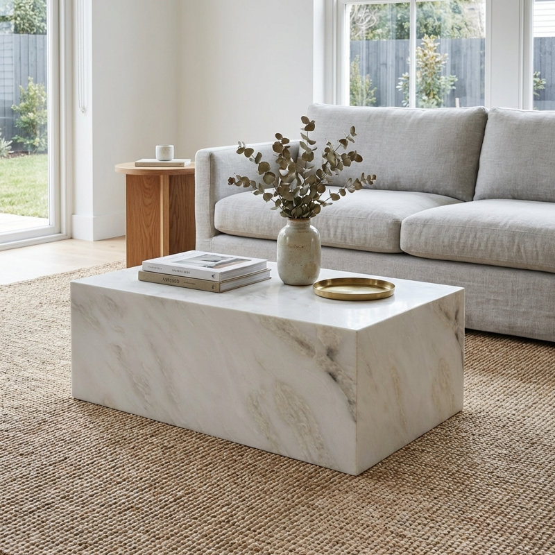 Natural Marble Rectangular Coffee Table - Modern Luxury With Dimmable Led Glow, 16" H x 48" W x 24" D 