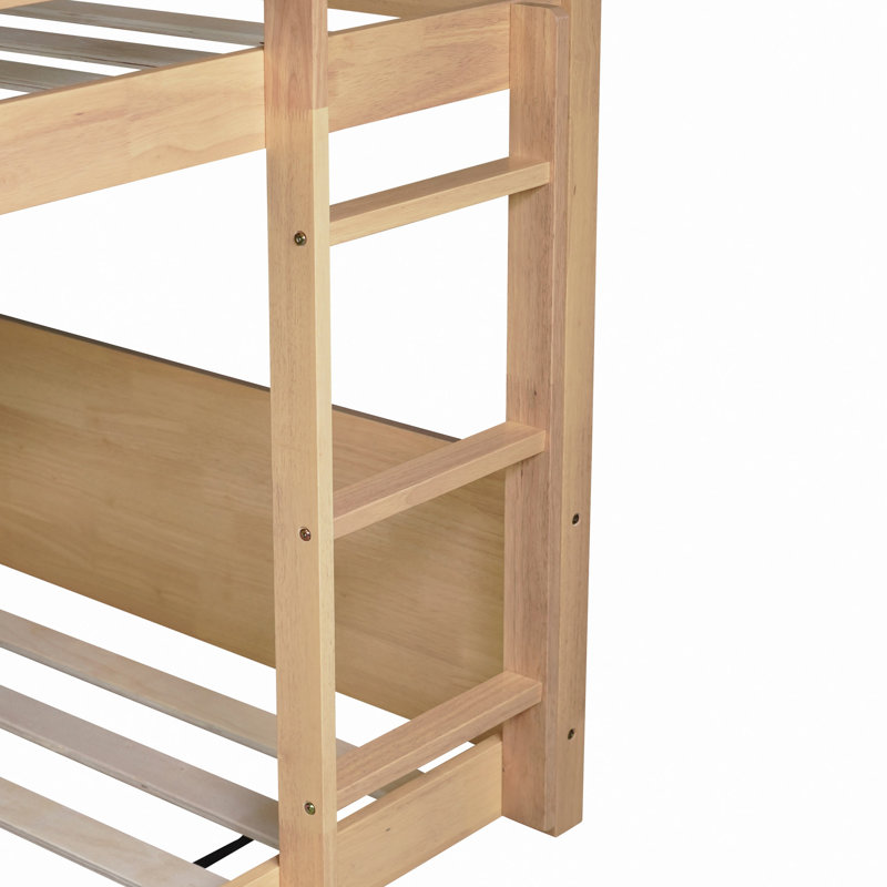 Lit superposé au sol avec tête de lit, pied de lit et garde-corps, échelle, lit superposé en bois d'hévéa House, Chêne blanc