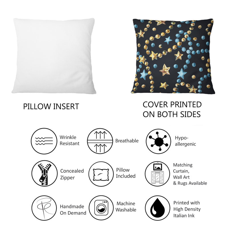 Blue And Gold Christmas Tree Stars - Glam Printed Throw Pillow 1