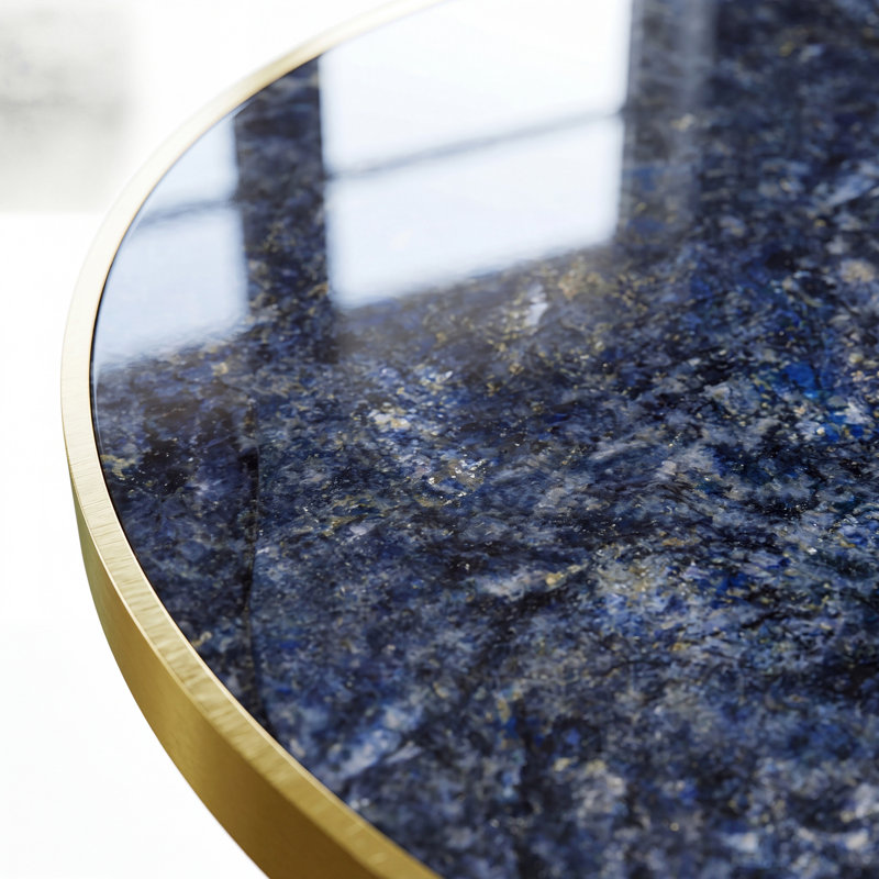 Table de salle à manger ronde en pierre frittée avec piédestal doré noir, Bleu saphir