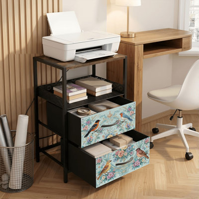 Table de chevet 2 tiroirs avec station de charge, table de chevet de chambre à coucher avec ports USB et prises ouvertes, tablette de chevet avec impression florale pastel rétro