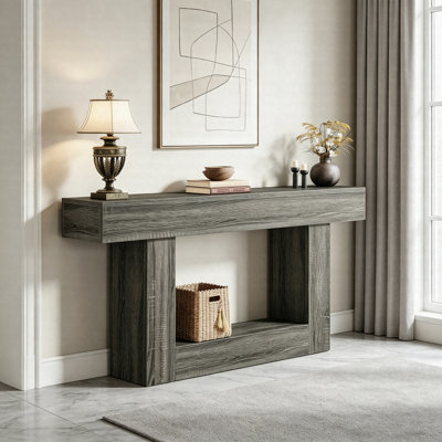Table console en bois de 63 po, canapé de style campagnard avec tablette de rangement, table de couloir d'entrée à 2 niveaux pour le salon