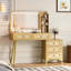 Coiffeuse 47 po avec miroir, lumières, 5 tiroirs et tablette de rangement rétro, design rotin, luminosité réglable, naturel-133475640