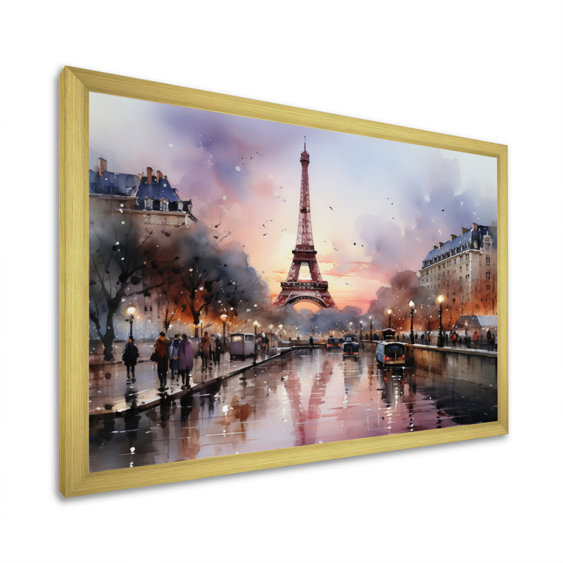 «Pink Twilight Rendezvous In Paris III» - Art mural, parcs d'attractions, H 34 po x l 44 po x P 1,5 po, Cadre doré simple