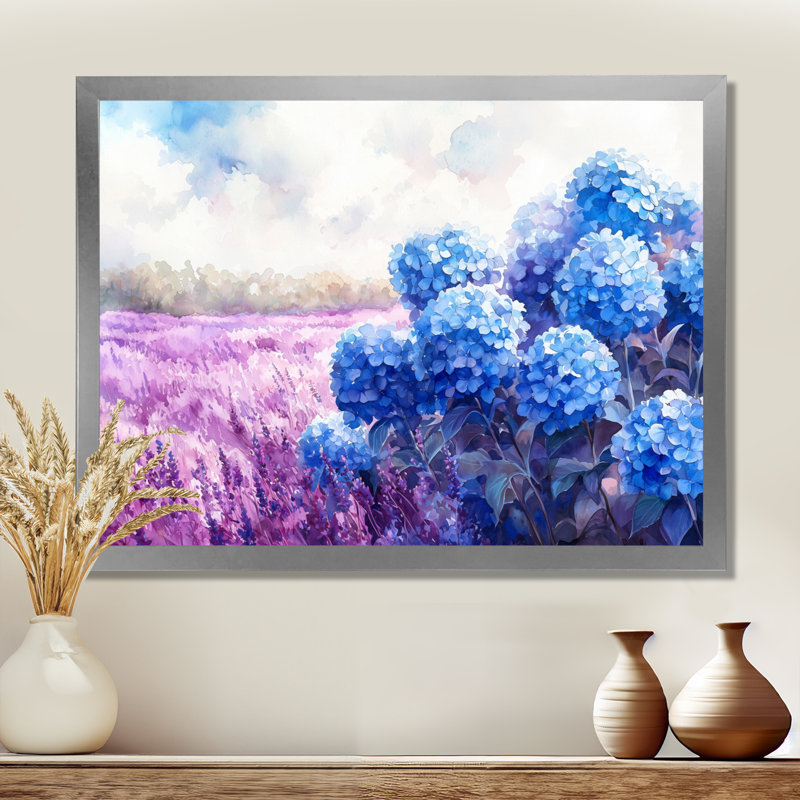 Hortensias dans le champ de lavande IV - hydrangées, art mural large, H 16 po x l 32 po, Impression d'un seul cadre photo