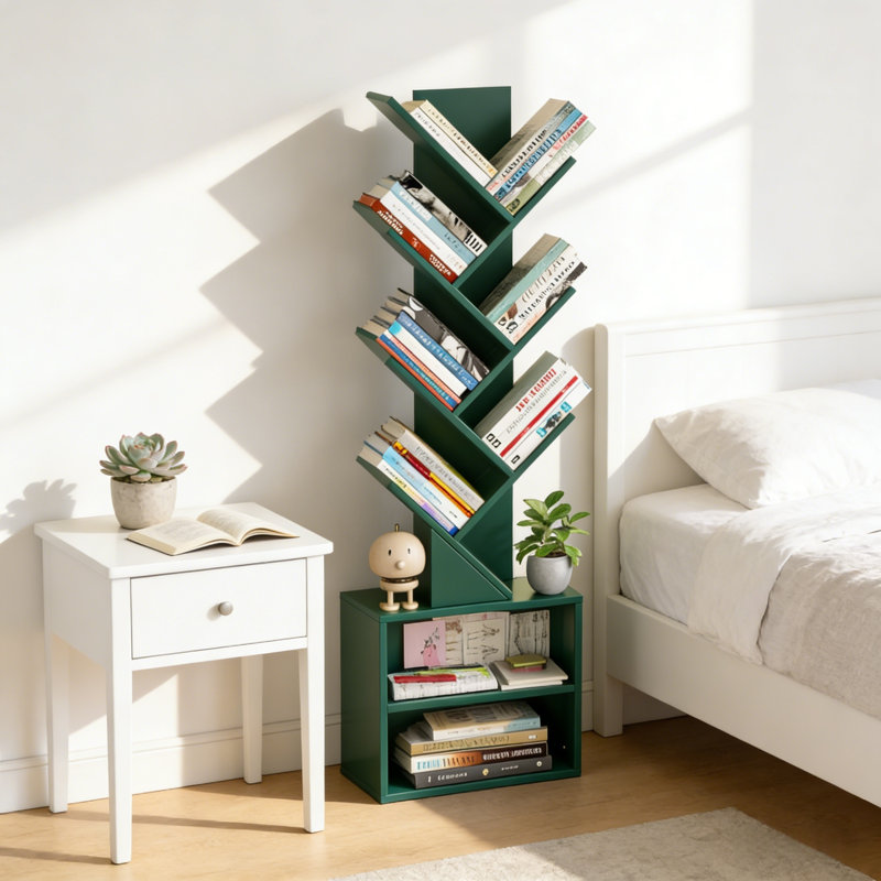 10-Shelf Tree-Design Bookcase, Bookshelf For Tight Spaces, Floor-Standing Storage Organizing Unit For Books, Tall Freestanding Bookcase Forhome Office