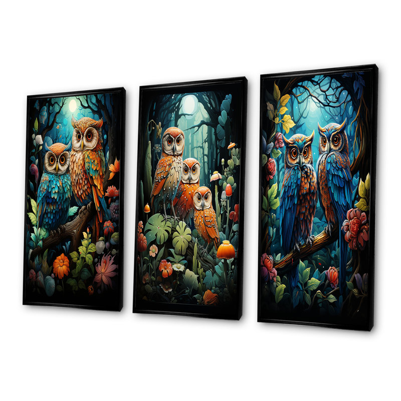 Native Owls Guardians of the Forest - Ensemble de 3 décorations murales d'art amérindien, Cadre flottant noir