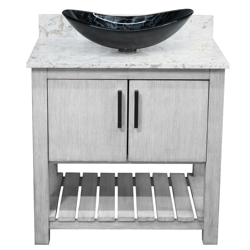 Meuble-lavabo avec comptoir en quartz moka, miroir et lavabo, Noir mat, 30"