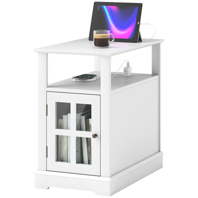 White Craft Room Side Table With Charging. Ports & Outlets Table. Hidden Storage Area Open Shelf. . 23.6" X 14" 23.6". Inspiring Work End Charging, White, Narrow And Electrical Outlets, Shelf For