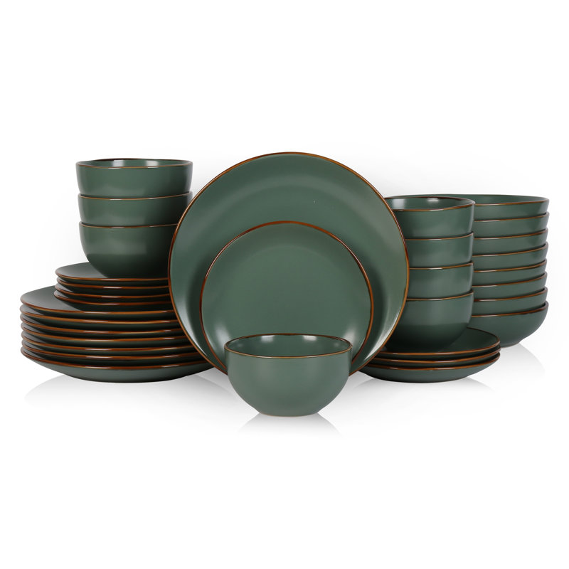 Green Ceramic 32-Piece Dinnerware Set with Gold Detailing
