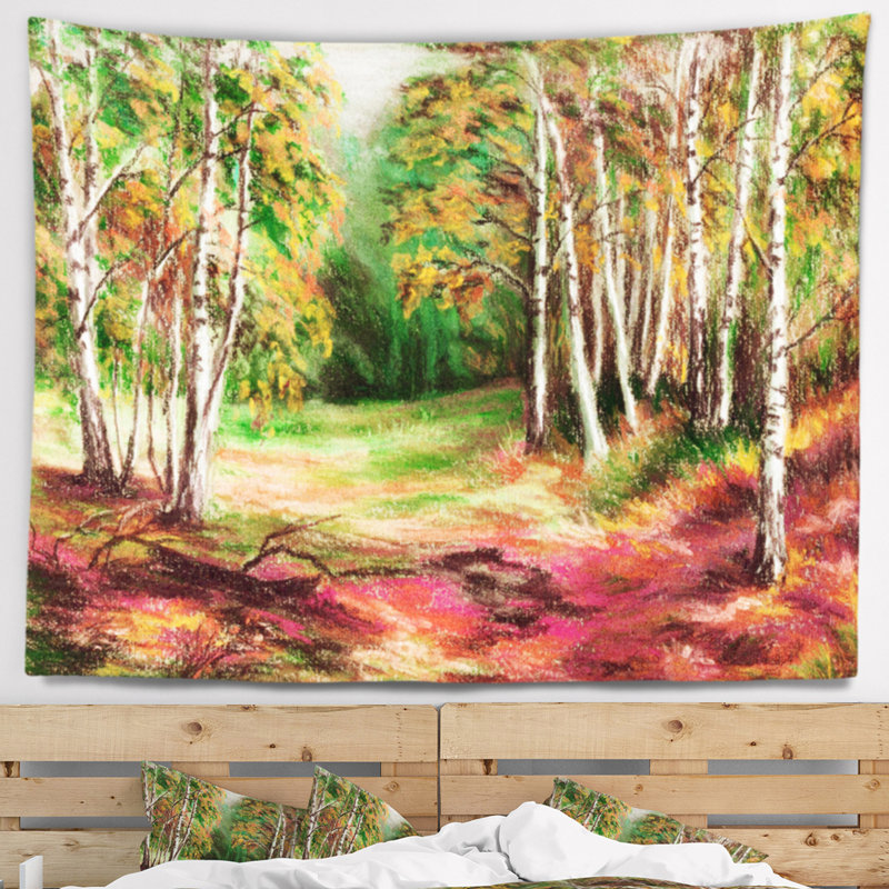Tapisserie verte de forêt d'automne de paysage, H 50 po x l 60 po