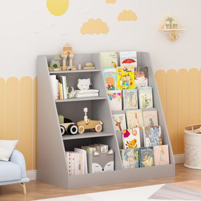 Kids Bookshelf and Toy Storage Organizer, Multifunctional 4 Tier Wooden Kids Book Shelf with  Bookcase Display Stand in Kids Room Playroom Nursery for Kids, Children, Toddlers (Gray)